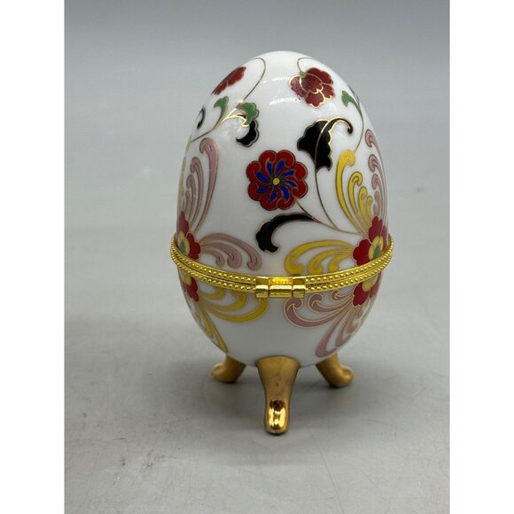 Decorative Porcelain Egg Jewelry trinket Box With Floral Design & Gold Accents - Picture 3 of 11